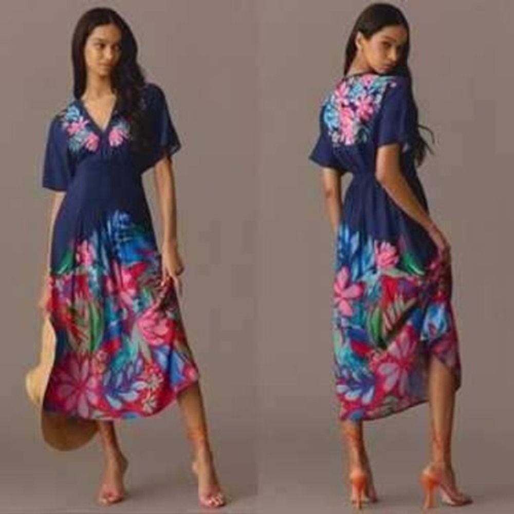 Blank London Maxi Dress Womens One Size Navy Blue Floral Embroidered Smocked